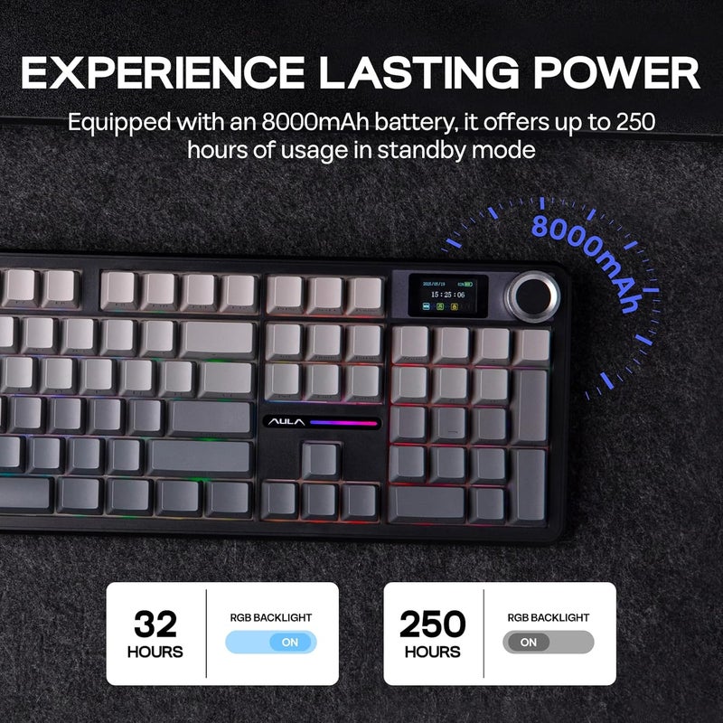 EPOMAKER X Aula F108 PRO Wireless Gaming Keyboard with Screen, 8000mAh Battery, 104 Hot-Swappable and Programmable Keys and Knob, RGB Backlight, for Mac/PC/Android (Black Gradient) - Image 5